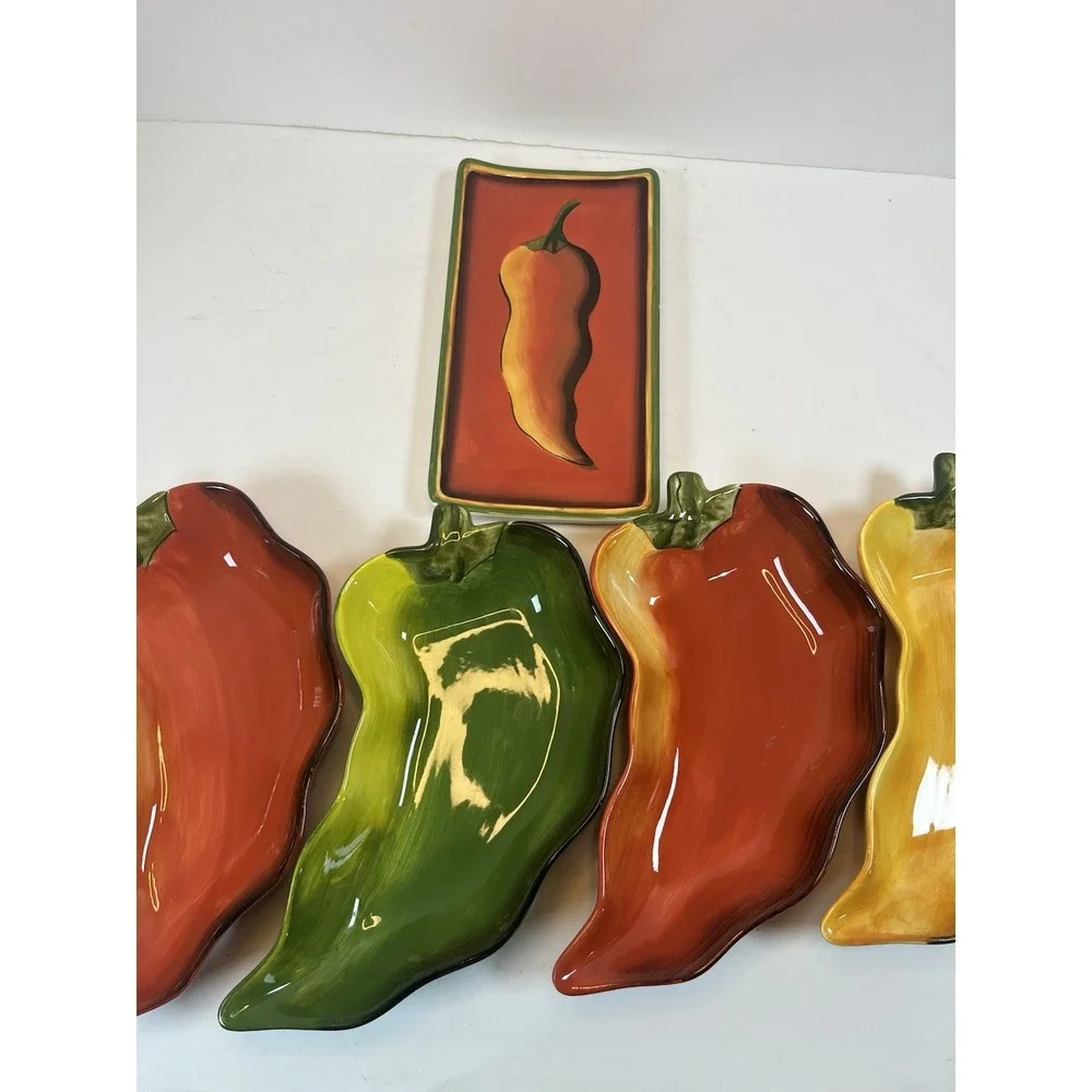 Clay Art Chili Fiesta Chili Pepper Serving Dipping Dishes Hand‎ Painted Set Of 5